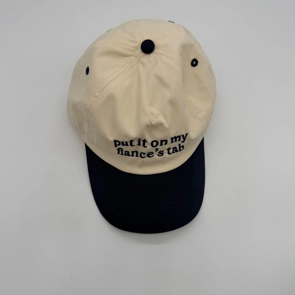 Put It On My Fiance's Tab Baseball Cap Tan Navy Blue Adjustable Dad Hat